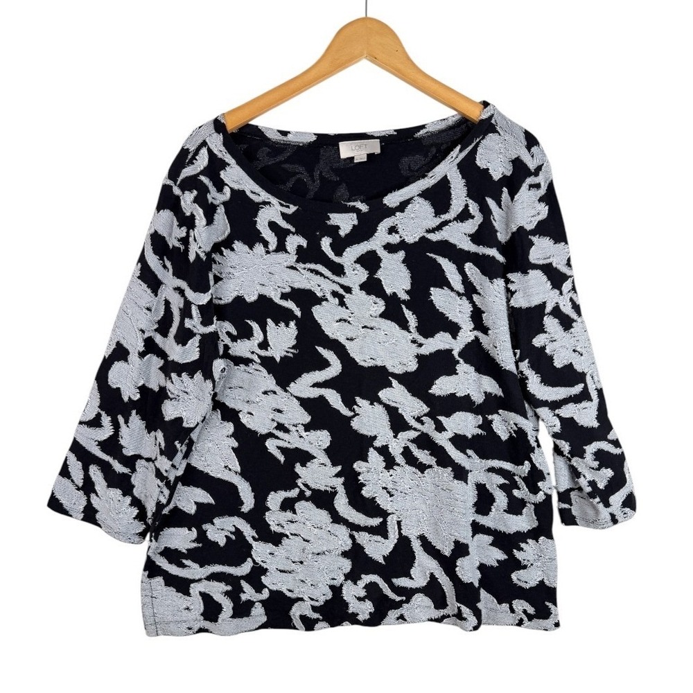 LOFT Outlet Womens 3/4 Sleeve Floral Jacquard Knit Top Size XL Black Gray